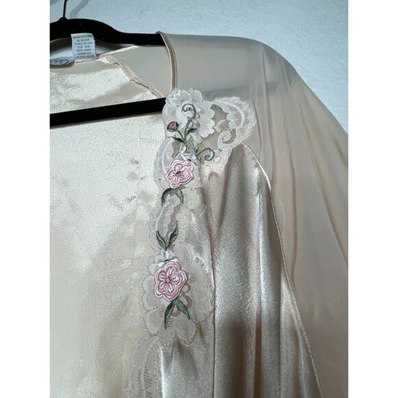 Val Mode Lingerie Long Tie Robe Light Peach Chiffon Sleeves Floral Collar Size L - Picture 3 of 14